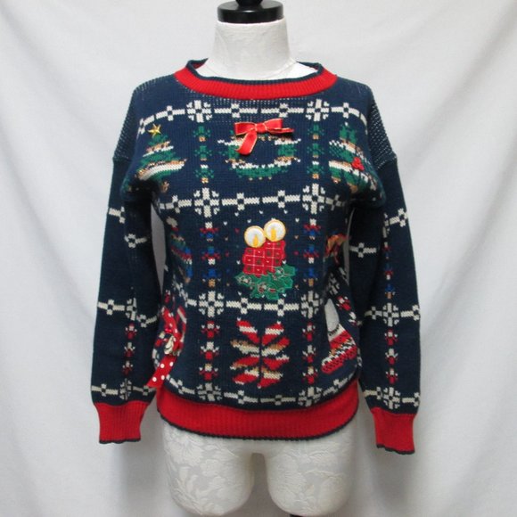 Sweater Loft Vintage Top Christmas Holiday tree presents bow Size Sz Small Sm S - Picture 1 of 14